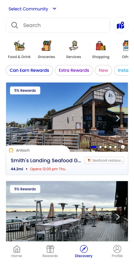 Open Rewards app, Discovery tab: local restaurants with 5% Rewards badges, categories and filters