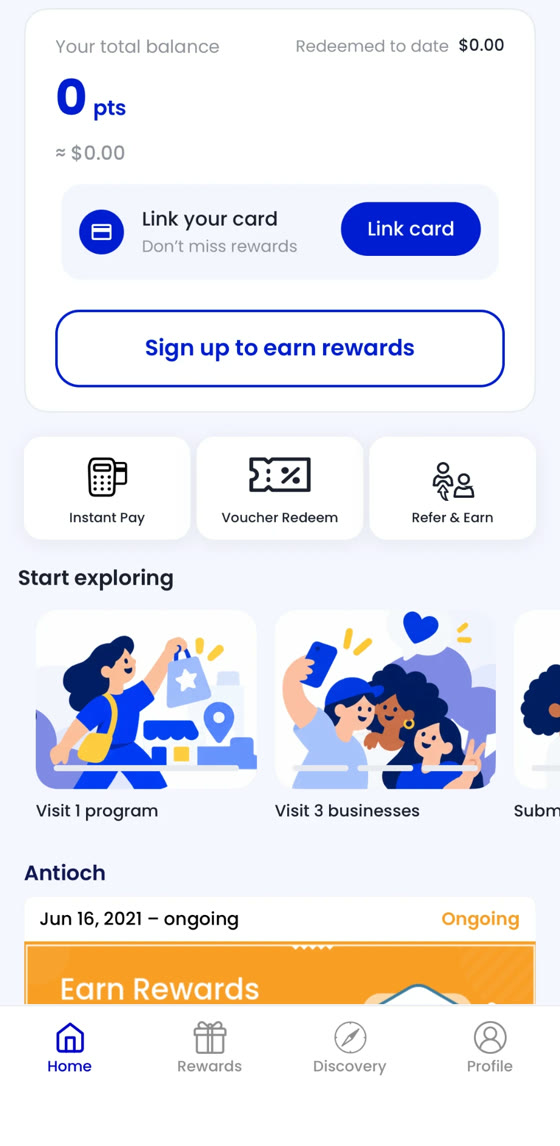 Open Rewards app home: balance card with a Link card button, Instant Pay, Voucher Redeem and Refer and Earn